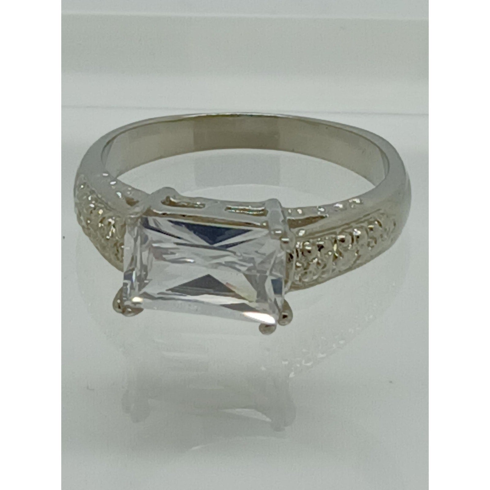 Vintage White Gold Plated CZ Engagement Ring 3.0 Carat Radiant Cut Stone Size 9 - HoneyThomas.com