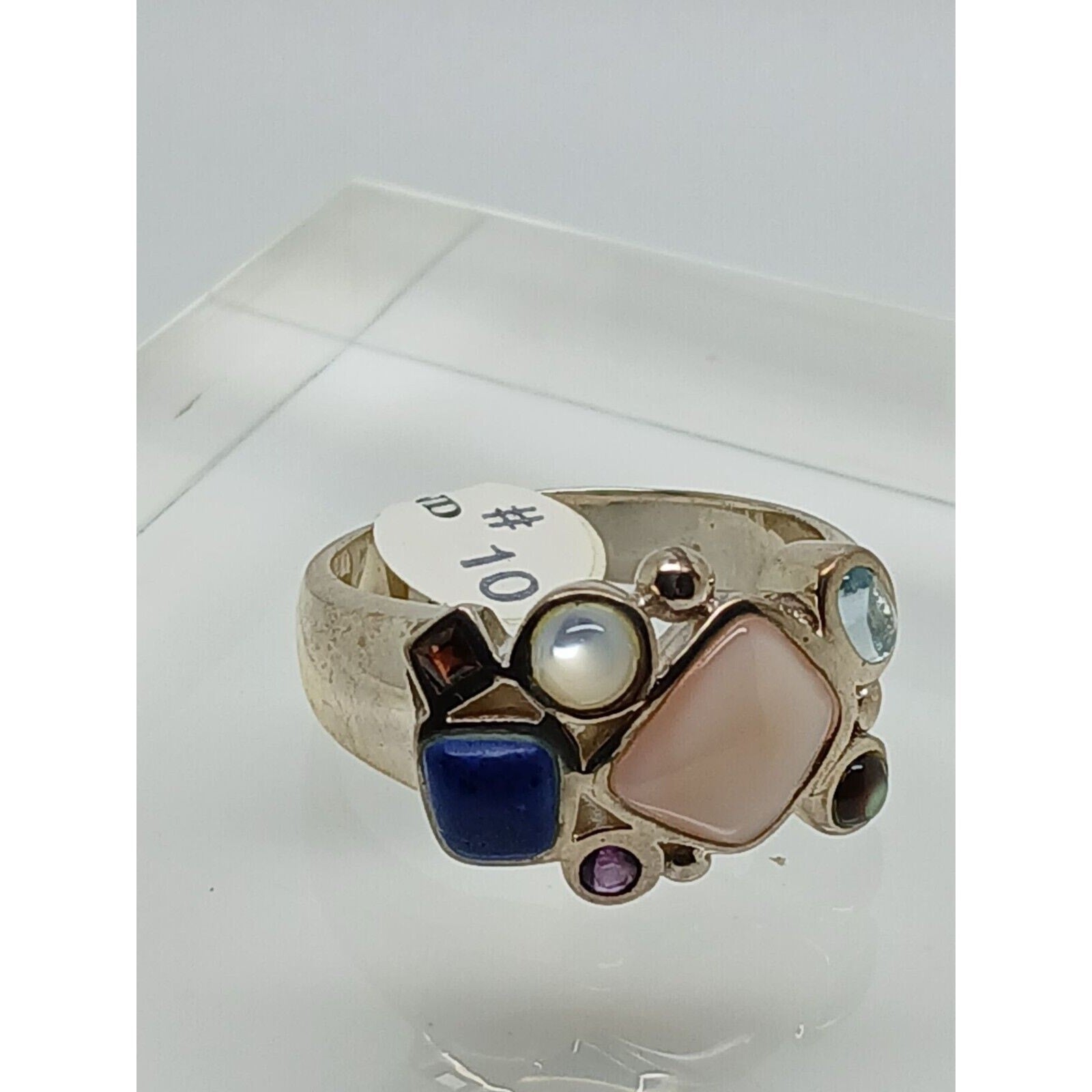 Vintage 1990's Sterling Silver Gemstone Ring Size 10 Lapis MOP Amethyst Topaz - HoneyThomas.com