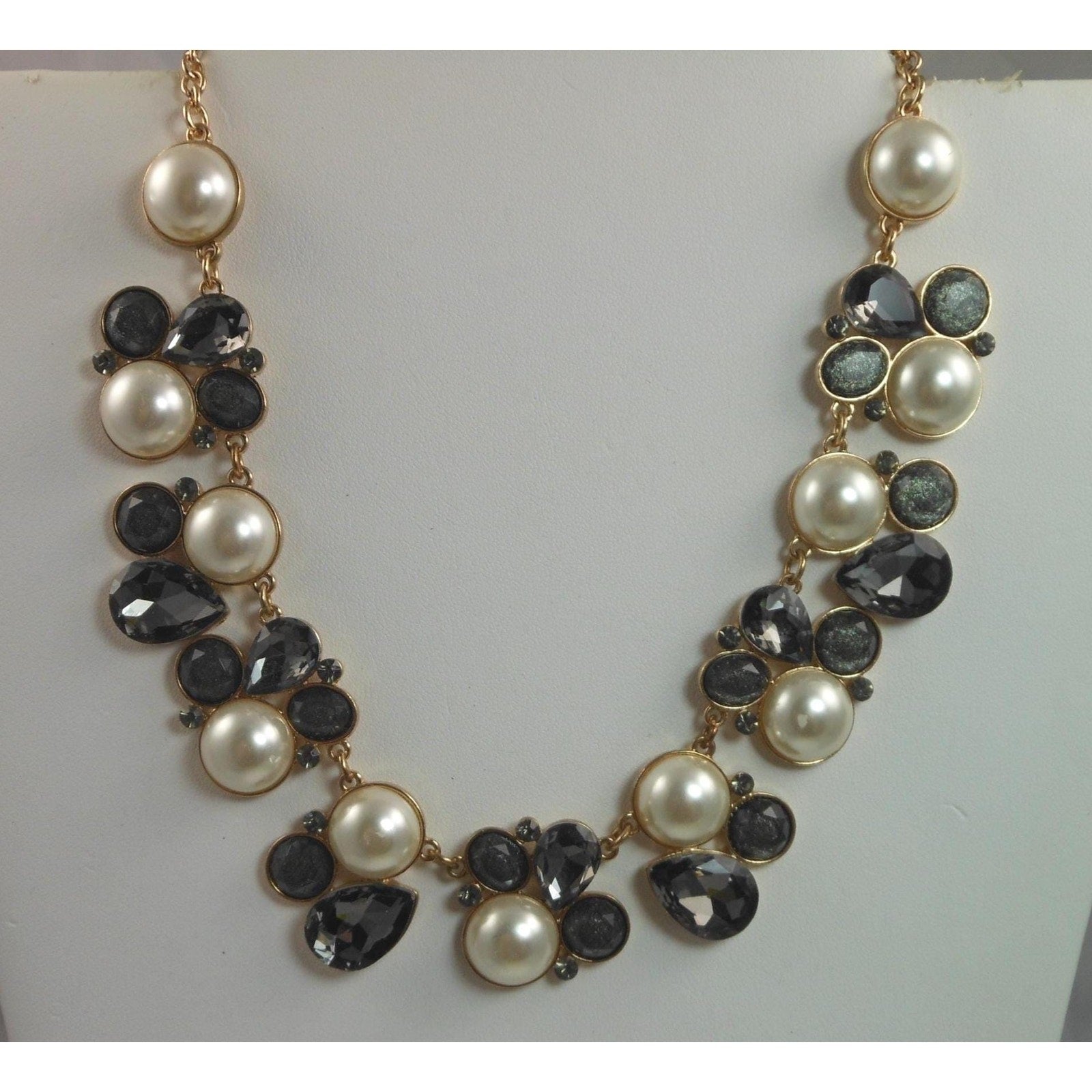 Elegant Vintage Faux Pearl Necklace with Gold and Grey Accents Statement Jewelry - HoneyThomas.com