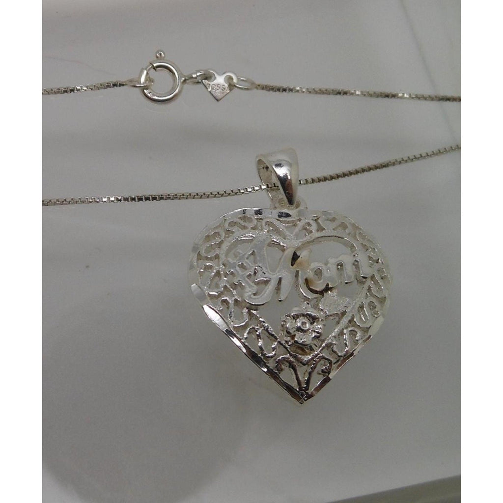 Vintage 1990s Sterling Silver Mom Heart Pendant Necklace 18 Box Chain - HoneyThomas.com