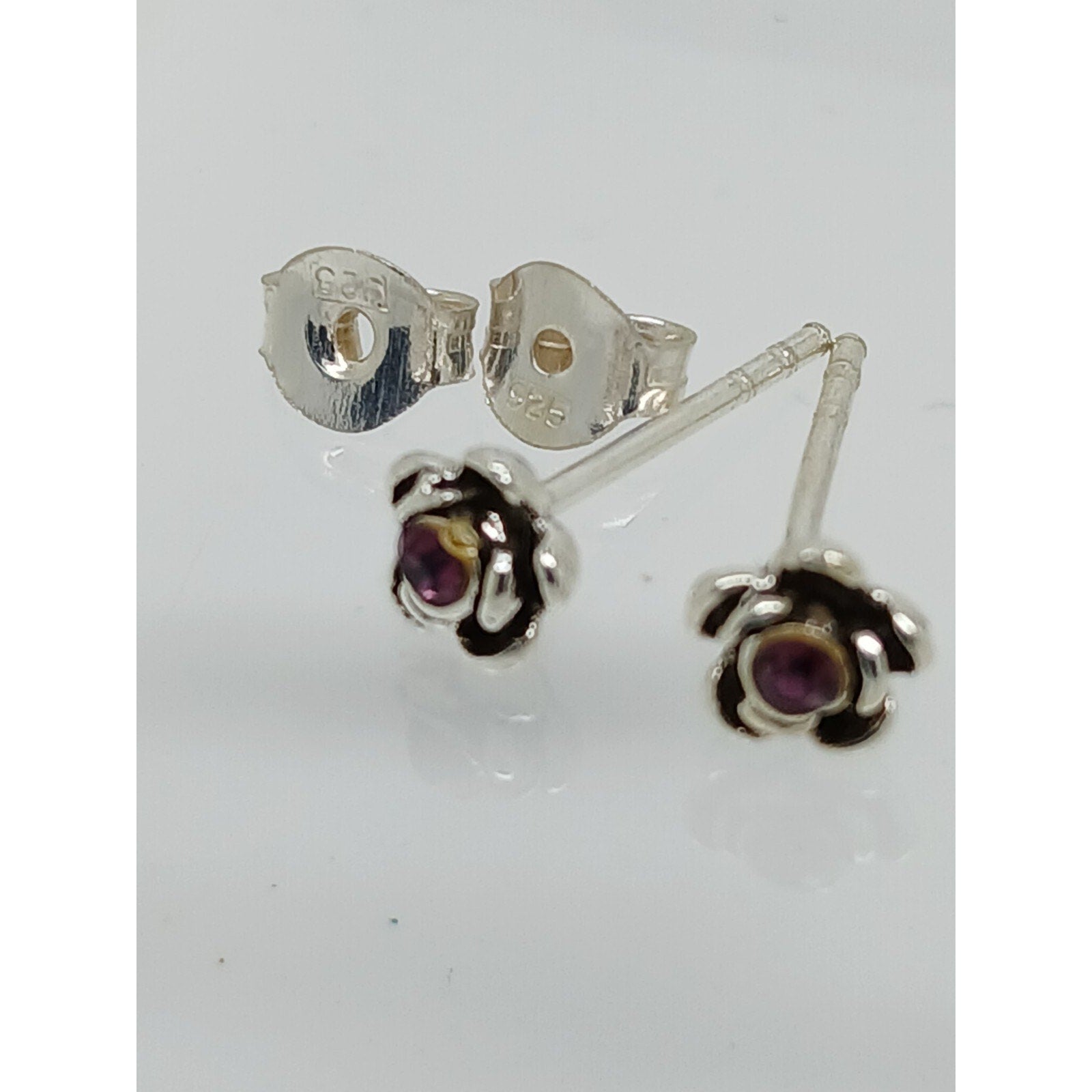 Vintage Estate Jewelry NOS .925 Sterling Silver Purple Rose Crystal Earrings - HoneyThomas.com