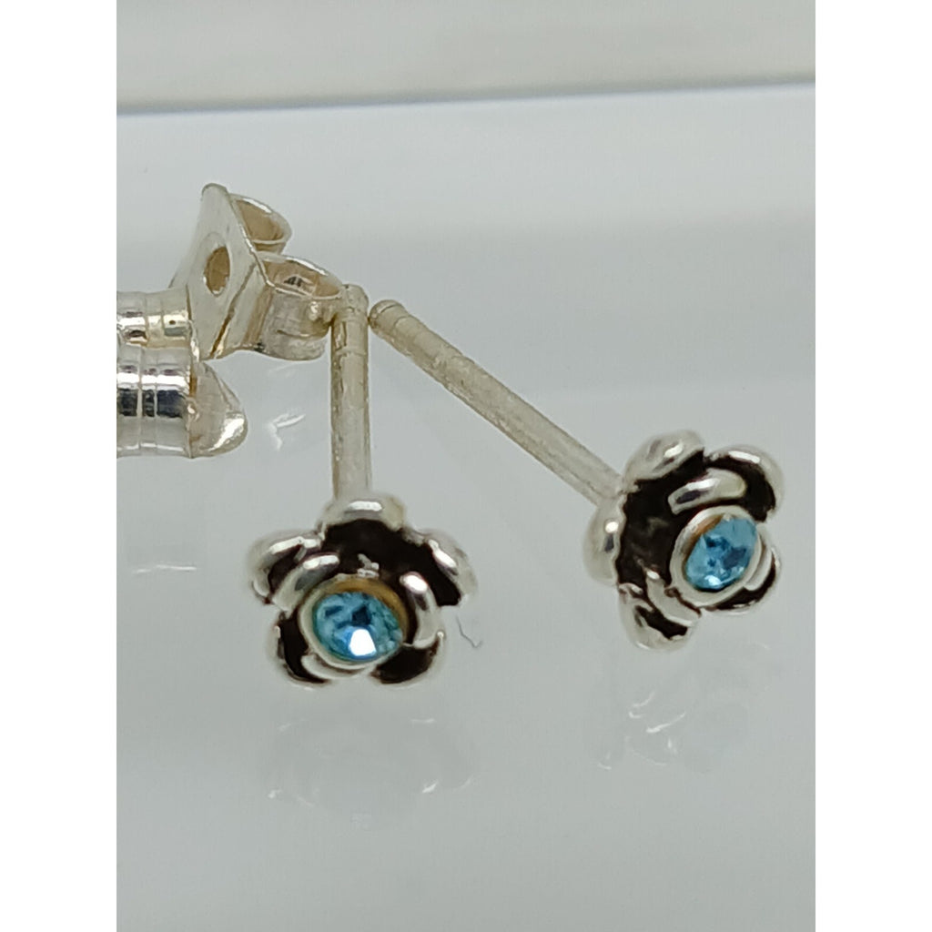 Vintage Estate Jewelry NOS .925 Sterling Silver Sky Blue Rose Crystal Earrings - HoneyThomas.com