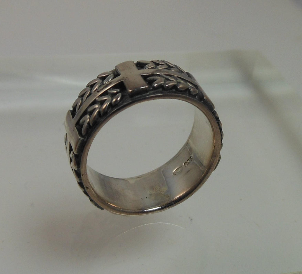 925 Oxidized Sterling Silver Celtic Weave Cross Ring - Vintage 8mm Wide Band, Size 8