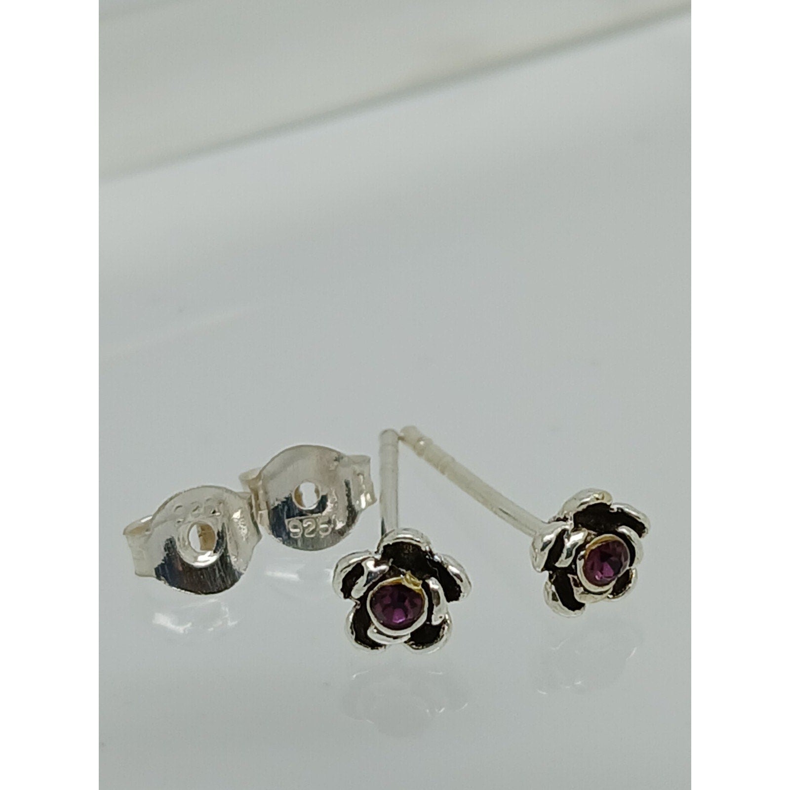 Vintage Estate Jewelry NOS .925 Sterling Silver Purple Rose Crystal Earrings - HoneyThomas.com