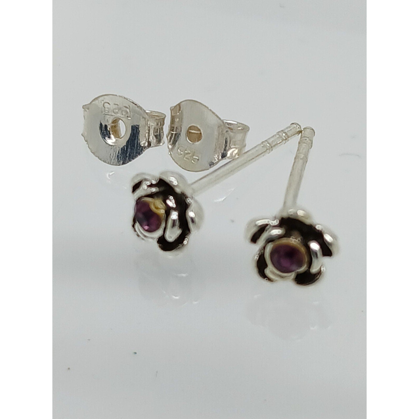 Vintage Estate Jewelry NOS .925 Sterling Silver Purple Rose Crystal Earrings - HoneyThomas.com