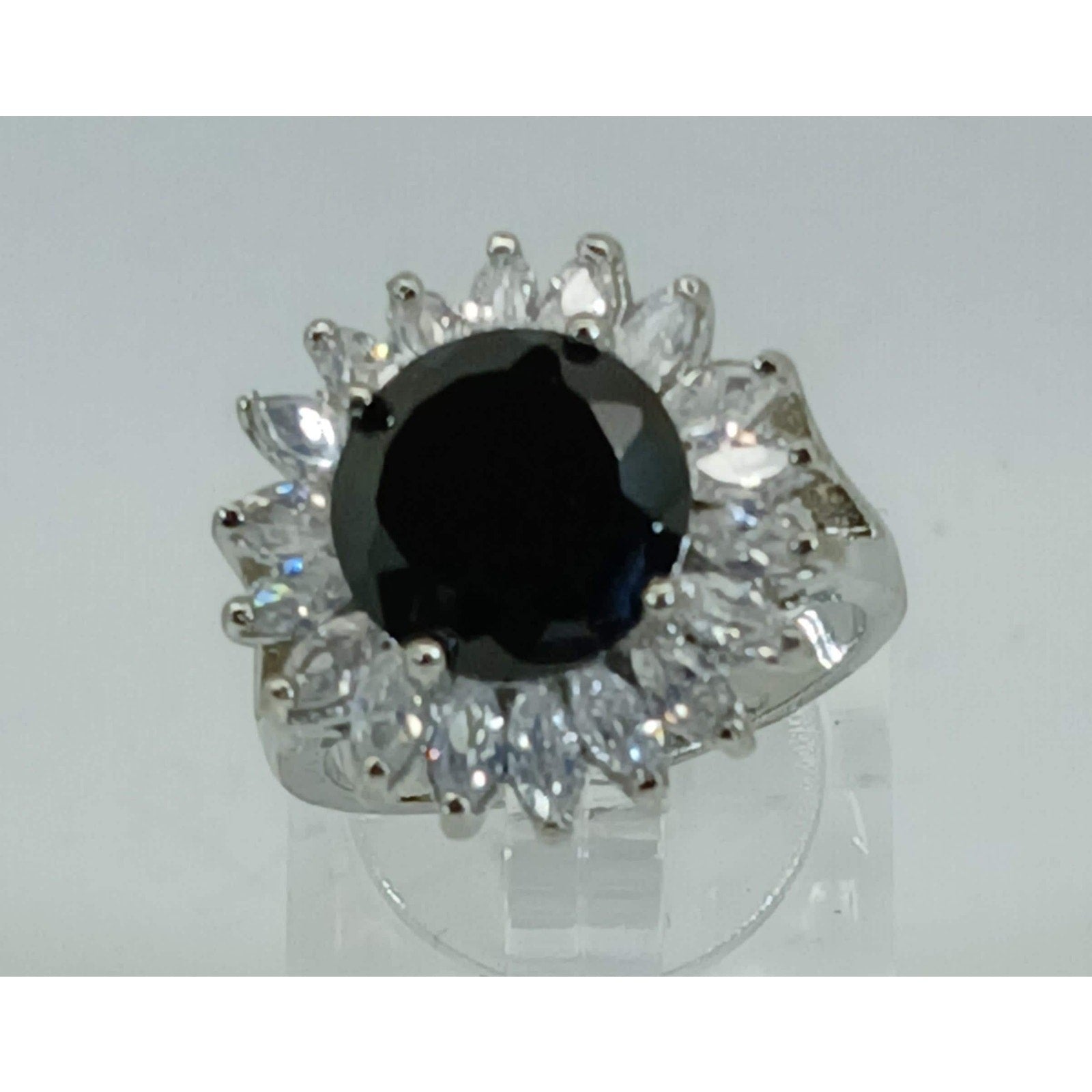 Vintage Ring Size 6.25 Silver Tone White Gold GP Black CZ Cluster Cocktail NOS - HoneyThomas.com