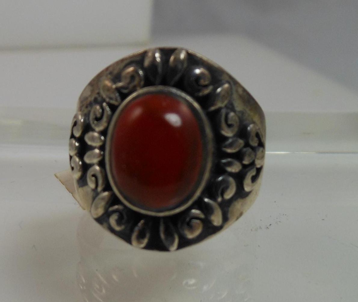 Vintage Oxidized Sterling Silver Carnelian Ring - Size 7.5