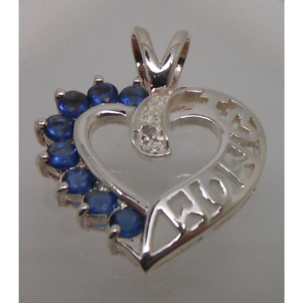 Vintage 1990's Beautiful Sterling Silver I Love Mom Necklace Pendant Sapphire CZ - HoneyThomas.com