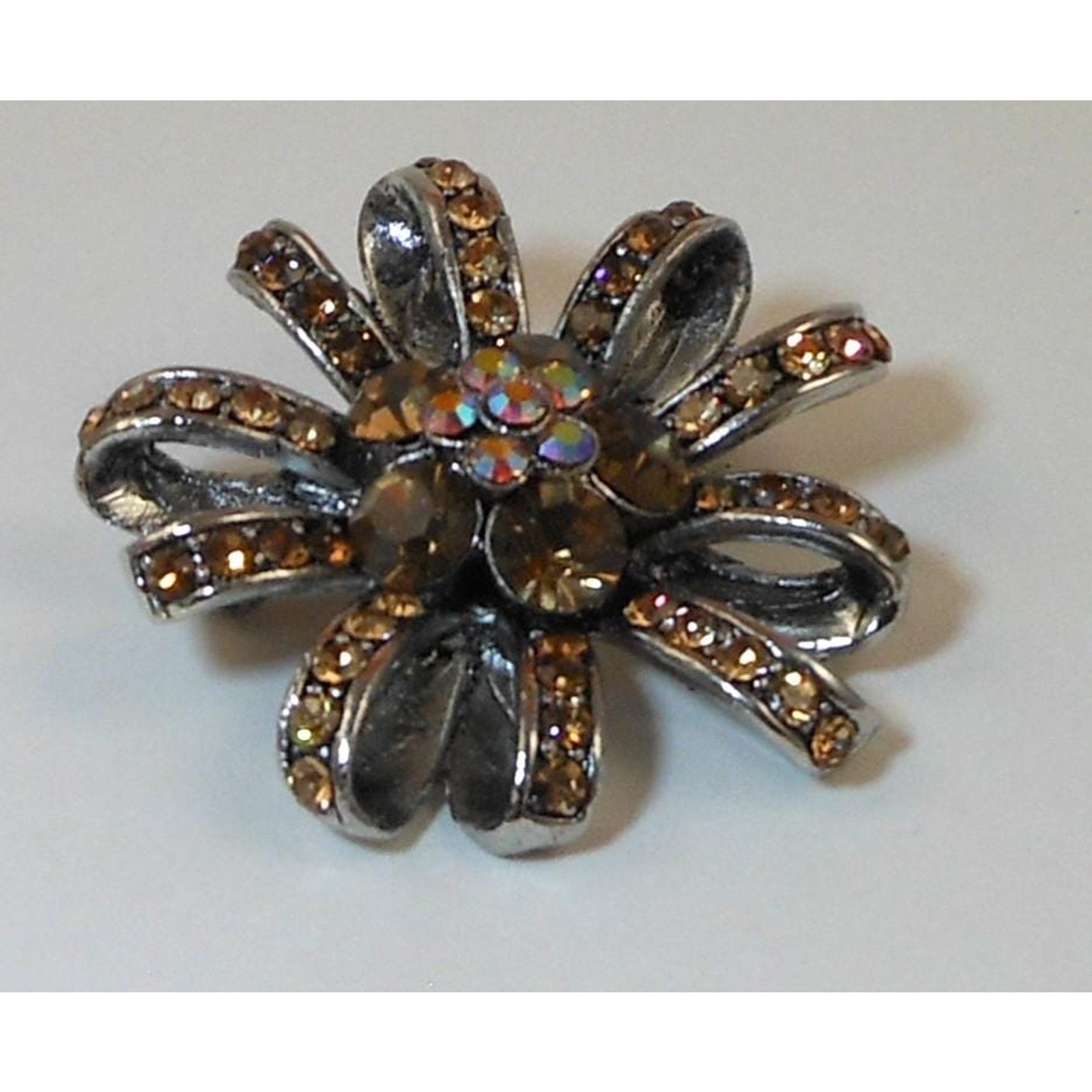 Vintage Amber Topaz AB Flower Ribbon Crystal Rhinestone Silver tone Pin Brooch