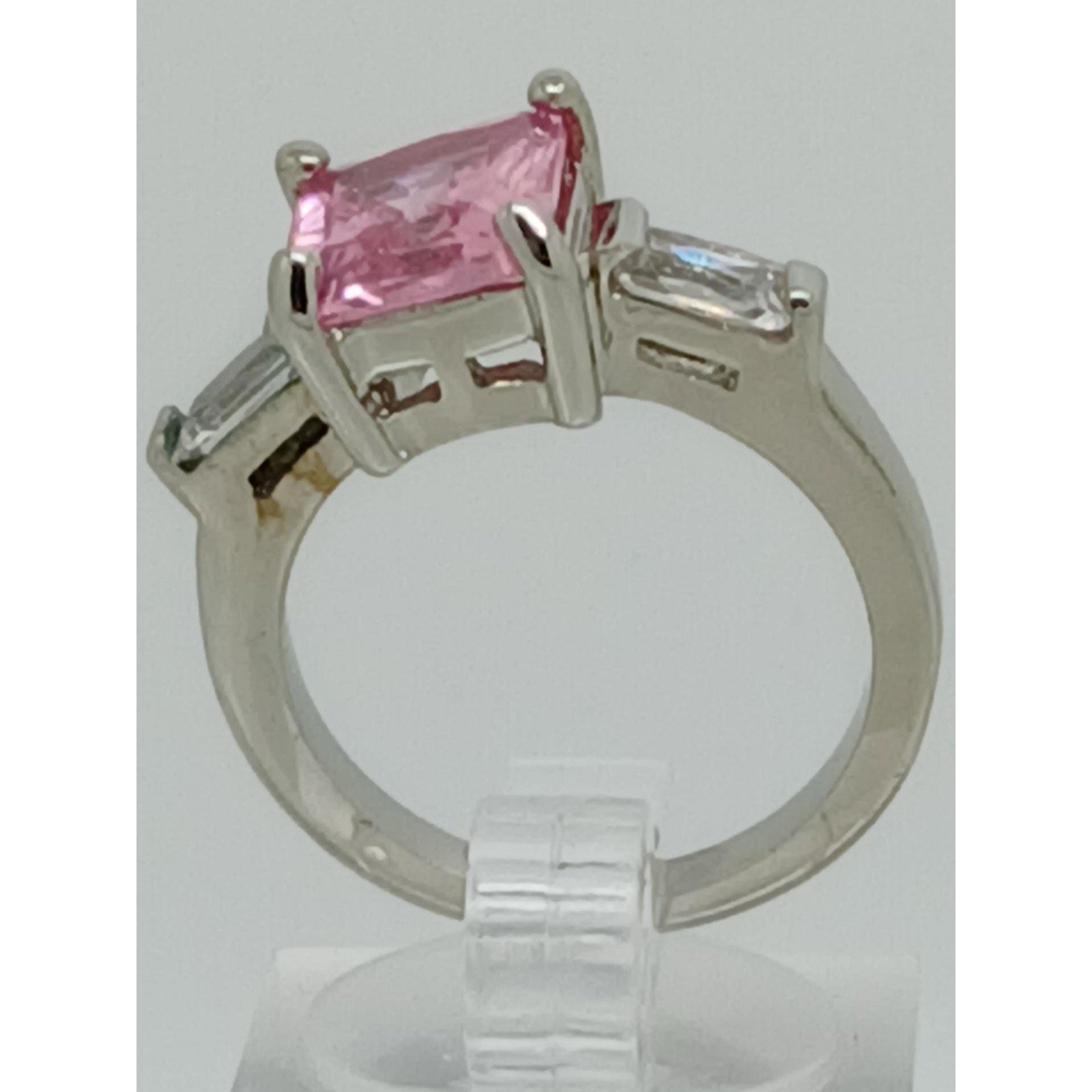 Size 10 3-Stone Gold GP Pink Princess Cut Sim Diamond CZ Engagement Ring Vintage