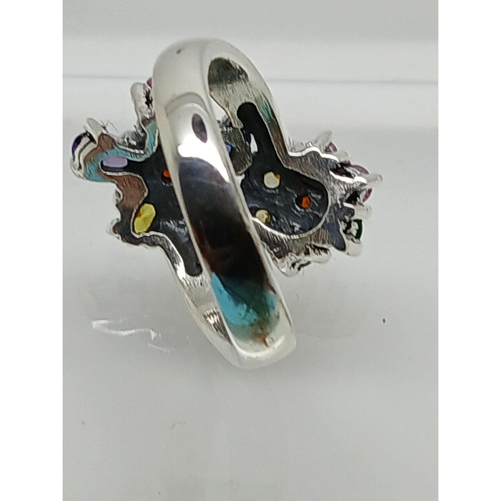 Vintage 1990's Floral Sterling Silver Bypass Band Ring Gemstones CZ Size 8.5 - HoneyThomas.com