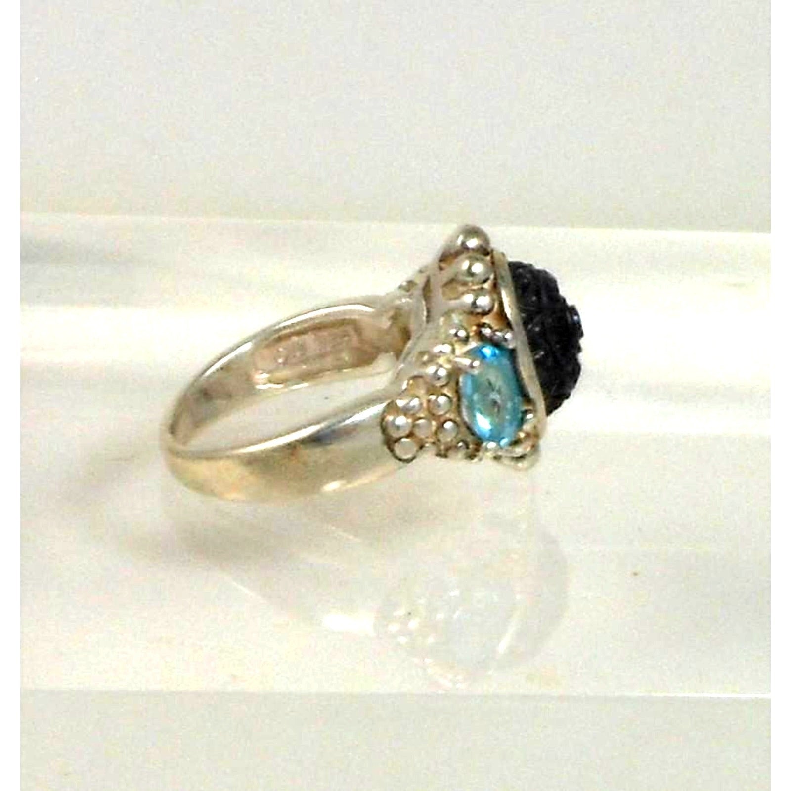 Handcrafted Vintage Blue Topaz Sterling Silver Ring Carved Chalcedony Size 4.5 - HoneyThomas.com