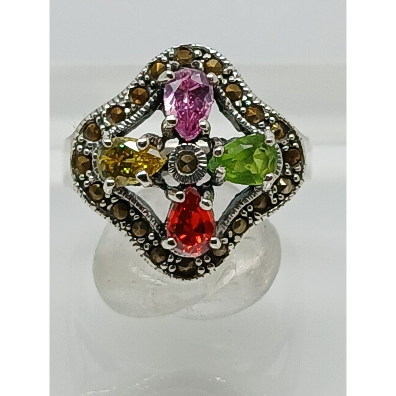 Vintage 1990's Marcasite Sterling Silver Ring: Rainbow Gemstone Floral Size 8.75 - HoneyThomas.com