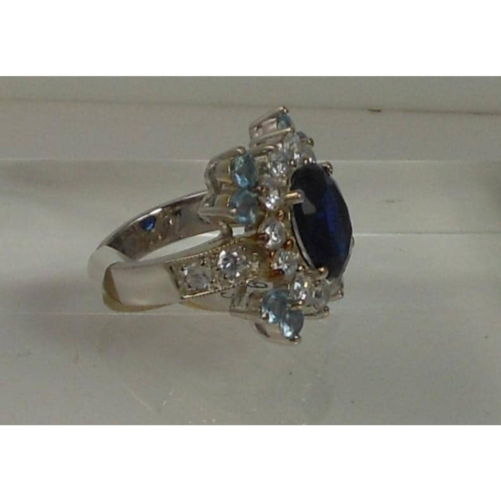 Sterling Silver Cocktail Ring Simulated Diamond Sapphire Topaz CZ Vintage Size 6 - HoneyThomas.com