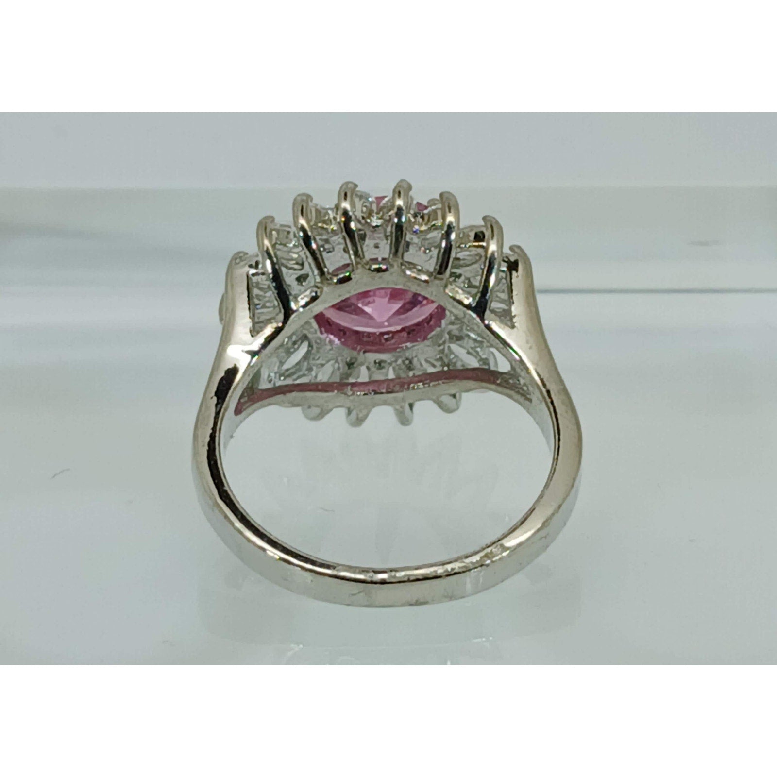 Vintage Ring Size 7.5 Silver Tone White Gold GP Pink CZ Cluster Cocktail NOS