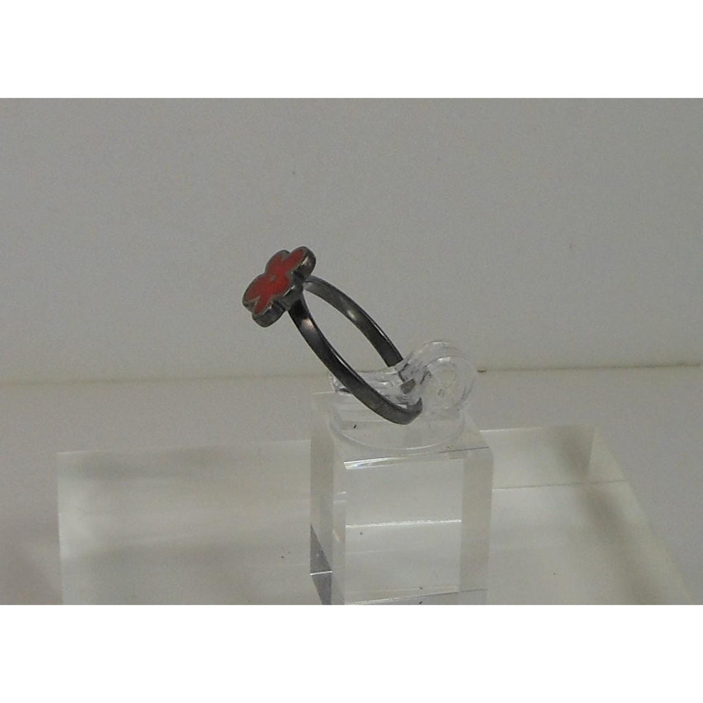 Fun Vibrant Red Flower Ring in Oxidized Sterling Silver - Size 8 - Enamel Resin