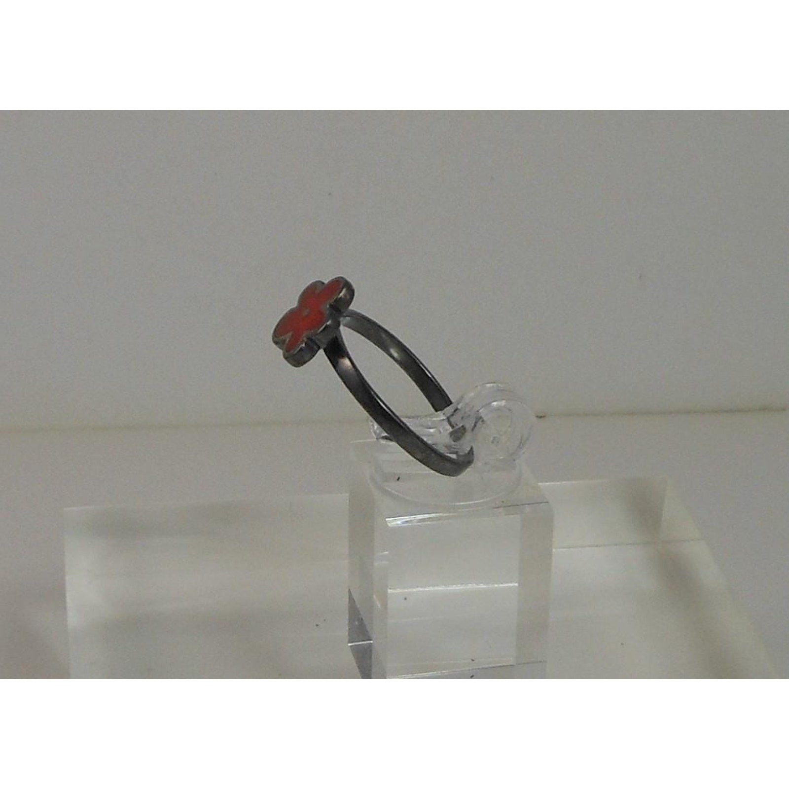 Fun Vibrant Red Flower Ring in Oxidized Sterling Silver - Size 8 - Enamel Resin