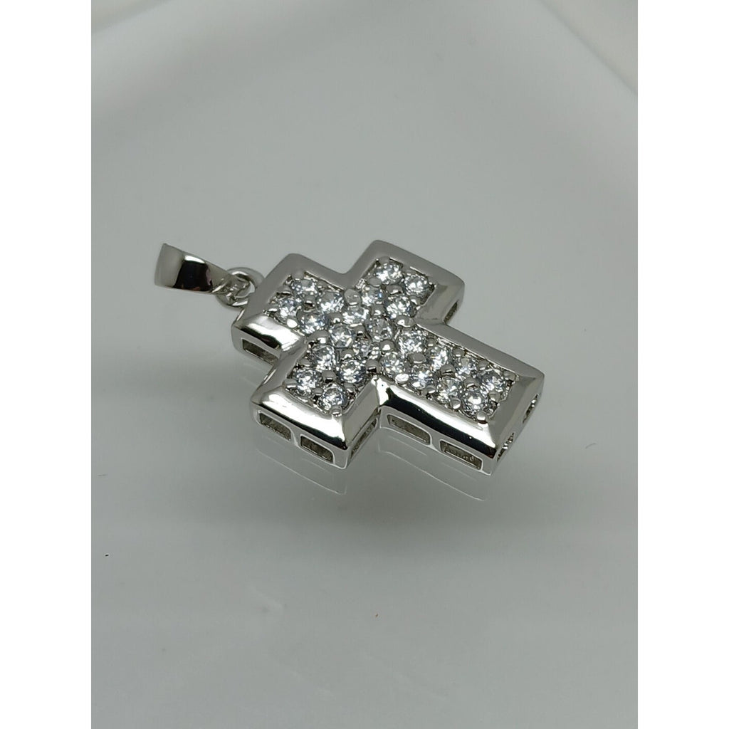 Elegant 90s Vintage Sterling Silver Cross Pendant with Sparkling White CZ Stones - HoneyThomas.com