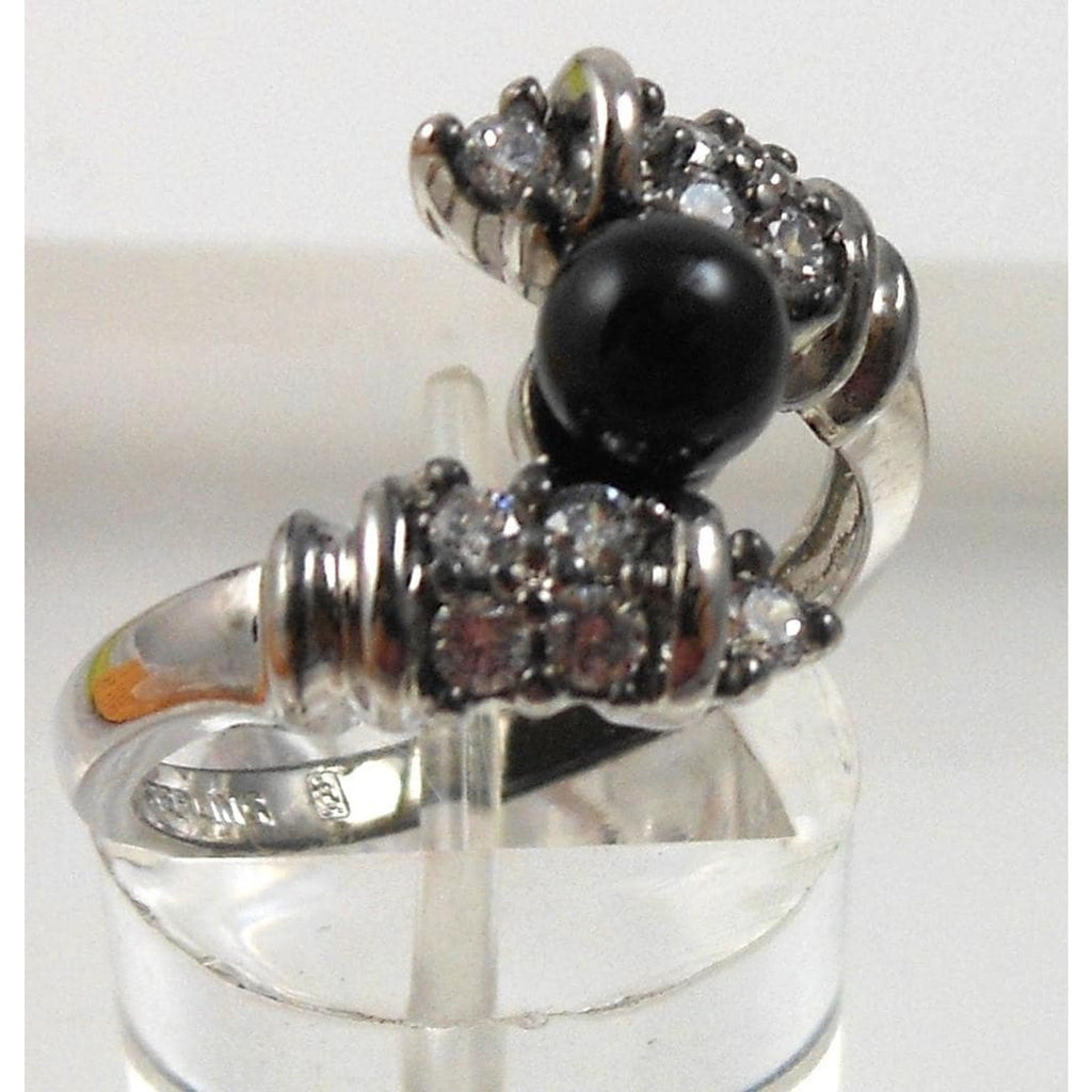 Vintage Black Onyx Bead Ring Sterling Silver 7.5 CZ Accent Bypass Band Thailand - HoneyThomas.com