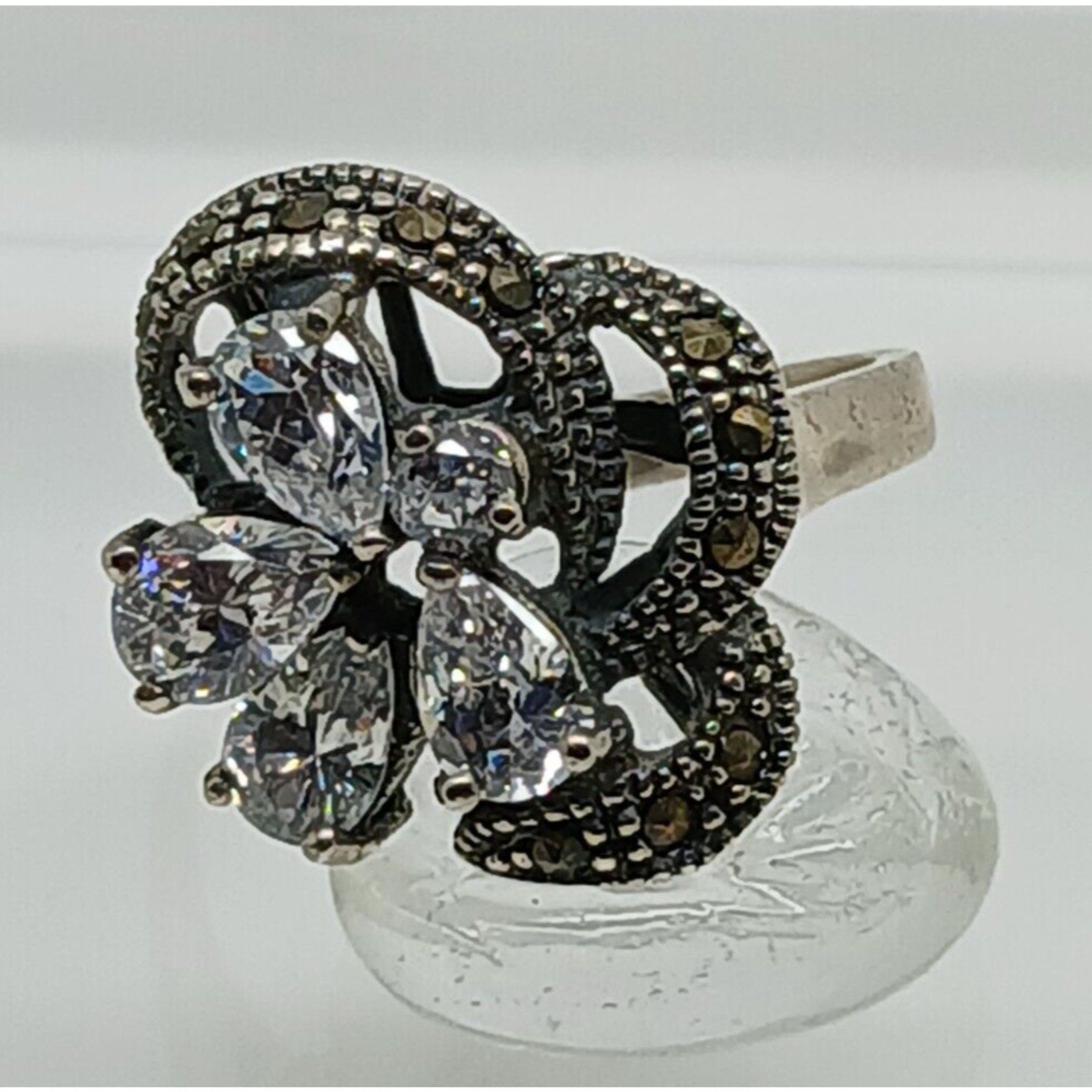 1990's Vintage Antique-Style Marcasite Sterling Silver Diamond CZ Size Ring 8.5 - HoneyThomas.com