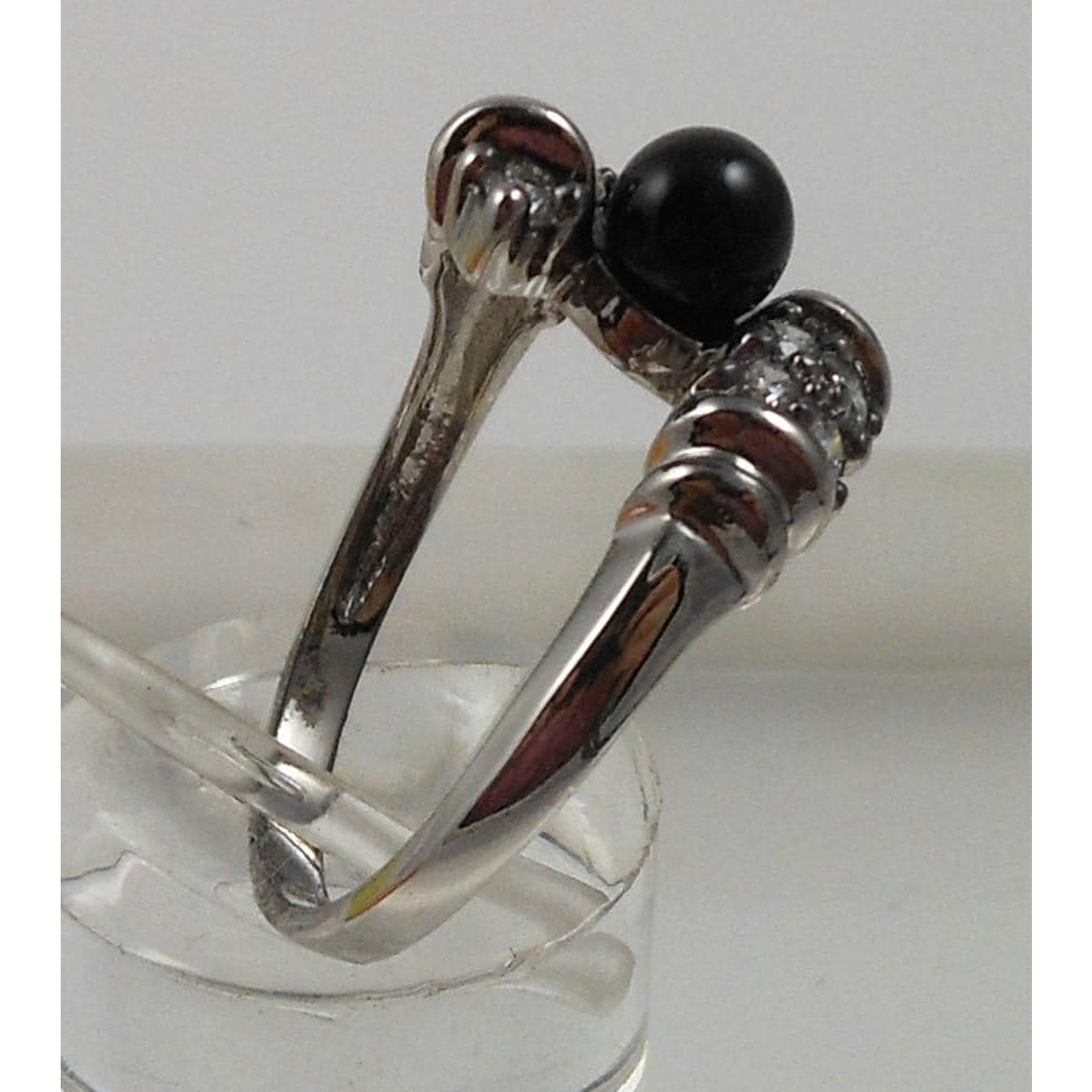 Vintage Black Onyx Bead Ring Sterling Silver 7.5 CZ Accent Bypass Band Thailand - HoneyThomas.com