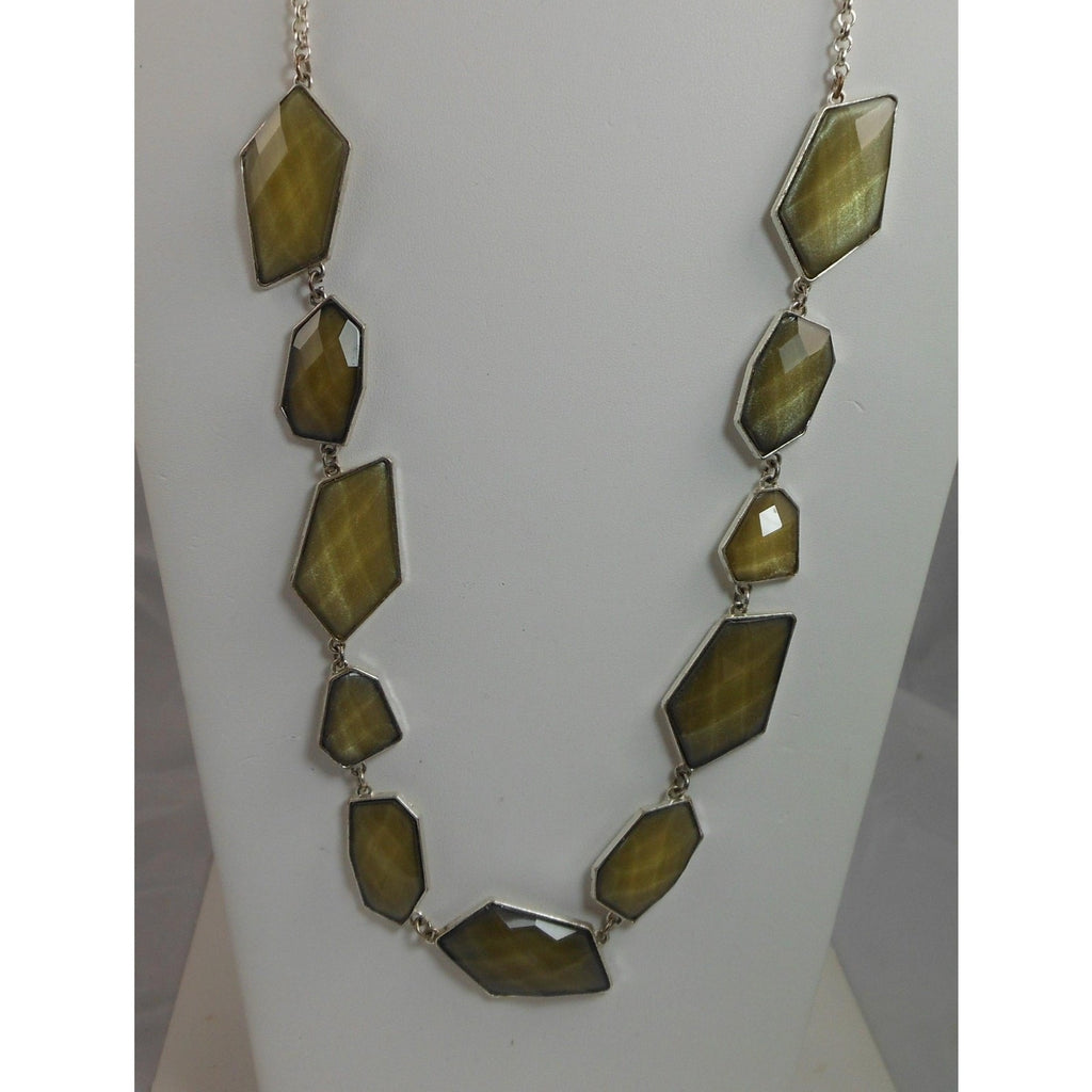 Green Geometric Link Pendant Necklace | Long 36 Silver Necklace | Designer - HoneyThomas.com