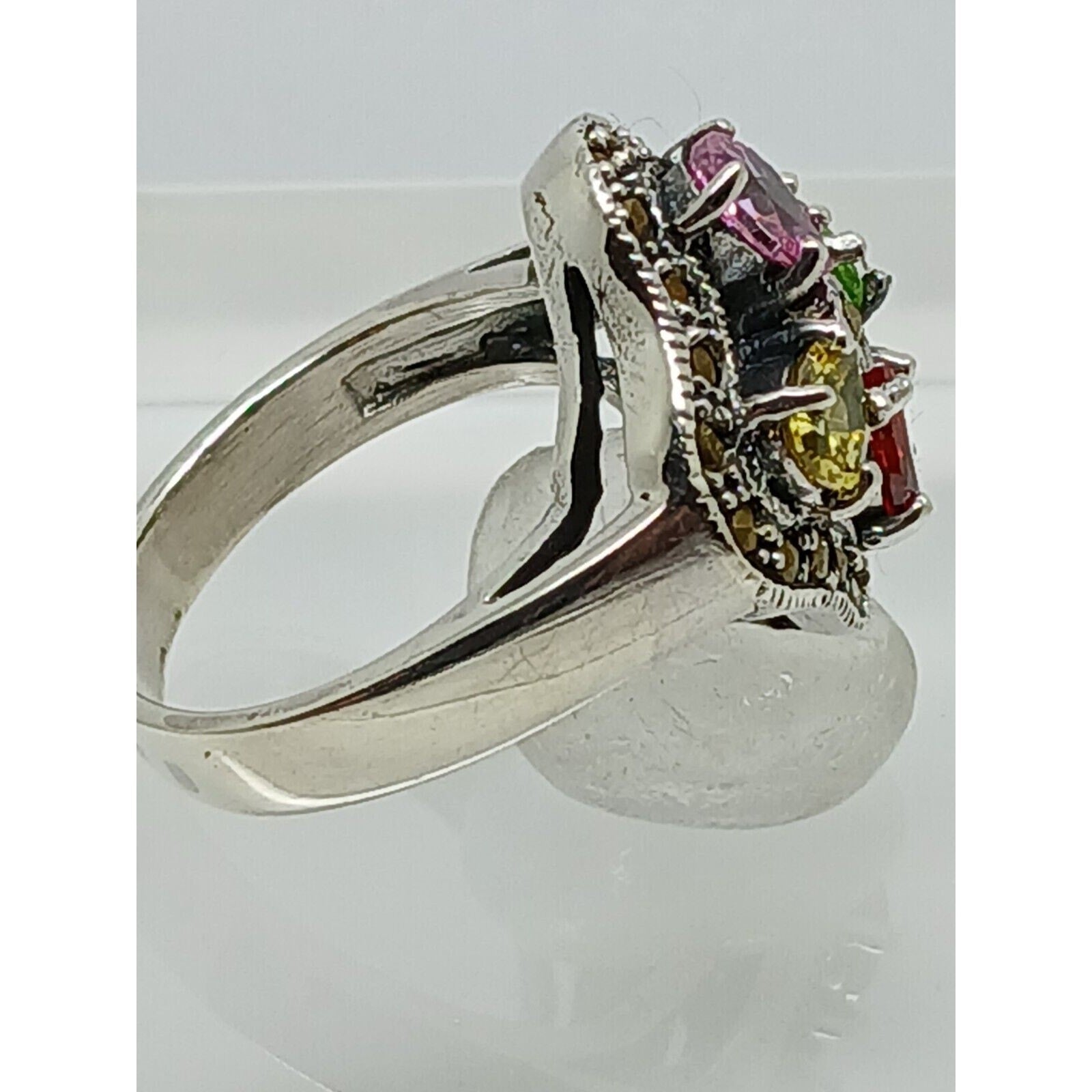 Vintage 1990's Marcasite Sterling Silver Ring: Rainbow Gemstone Floral Size 8.75 - HoneyThomas.com