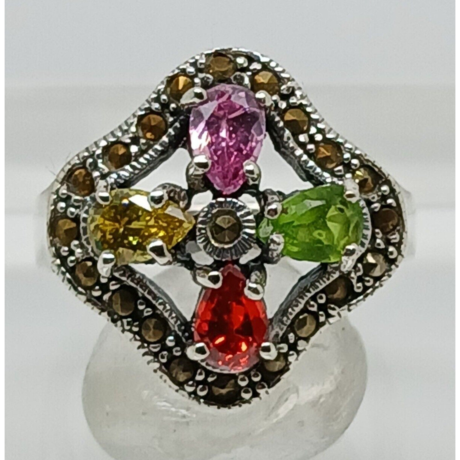 Vintage 1990's Marcasite Sterling Silver Ring: Rainbow Gemstone Floral Size 8.75 - HoneyThomas.com