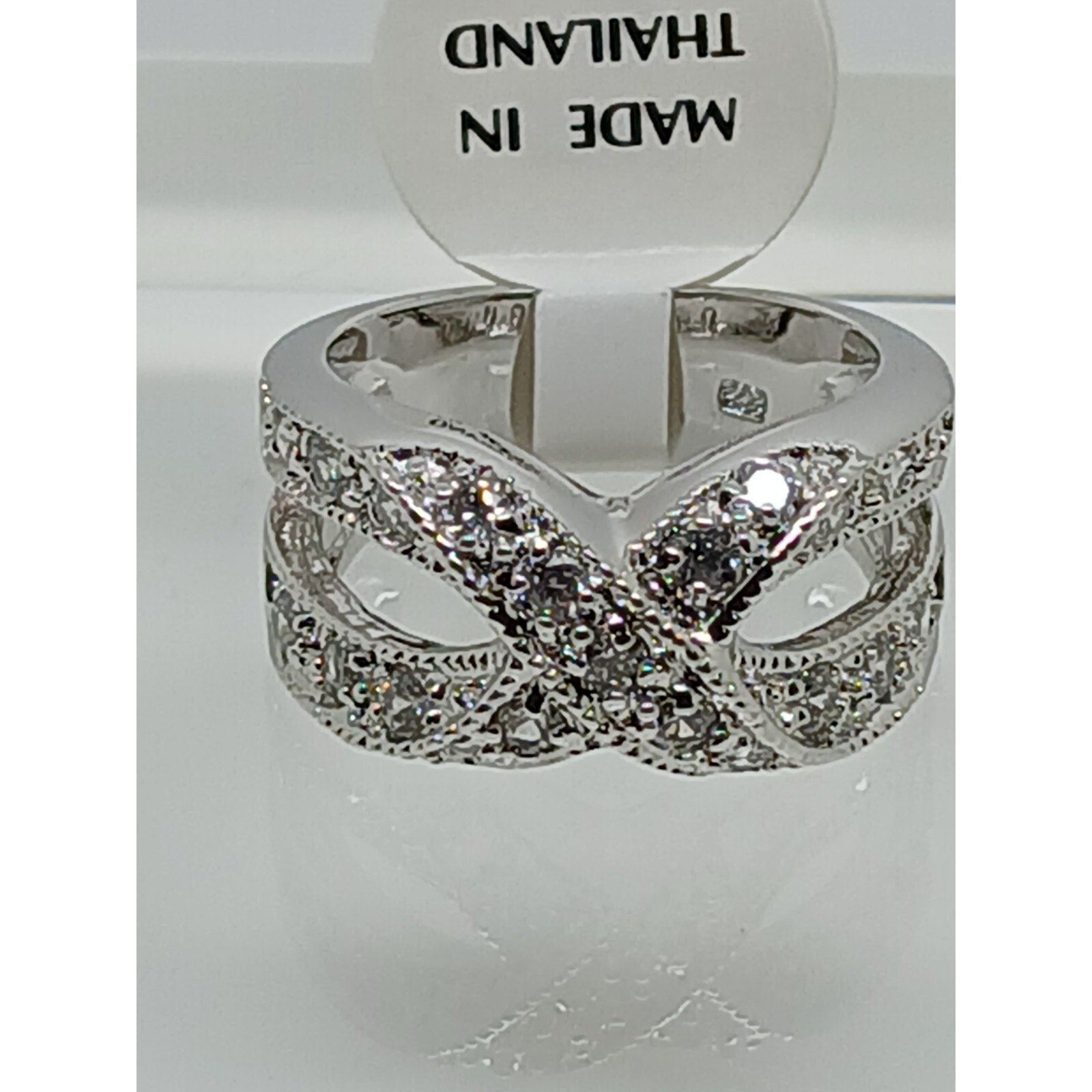 Elegant Vintage Jewelry Sterling Silver Cross-Over Simulated Diamond Ring Size 5 - HoneyThomas.com