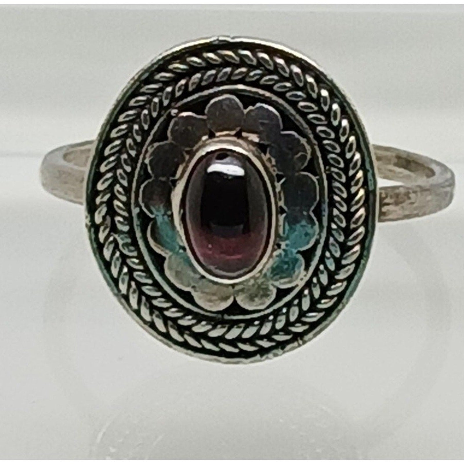 Rare New 90s Vintage Sterling Silver Garnet Ring Size 7 Signed FAS 925 Oxidized