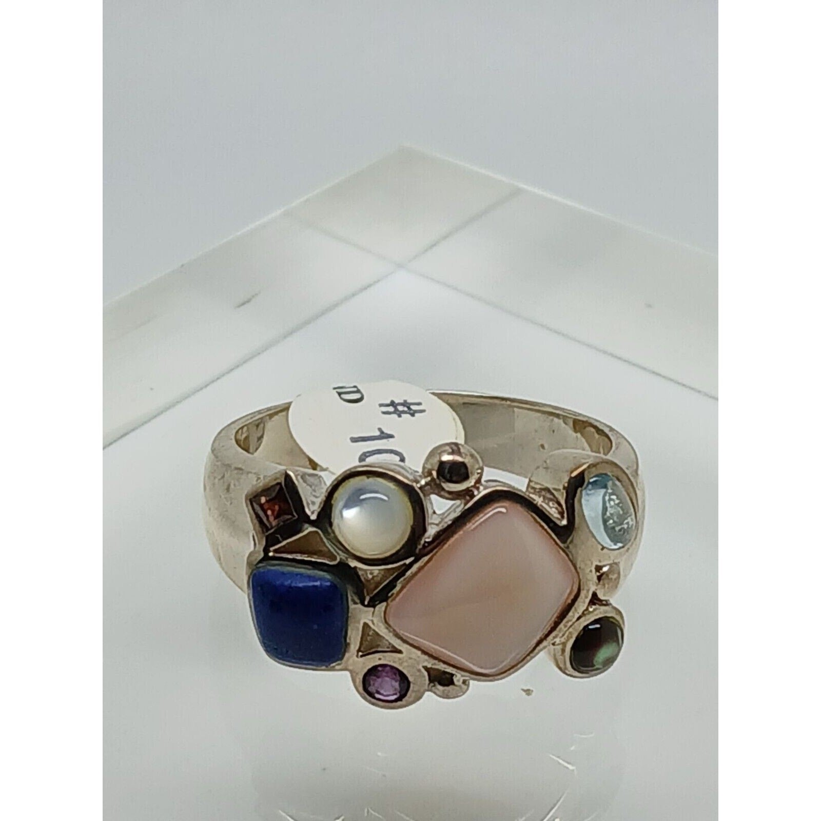 Vintage 1990's Sterling Silver Gemstone Ring Size 10 Lapis MOP Amethyst Topaz - HoneyThomas.com