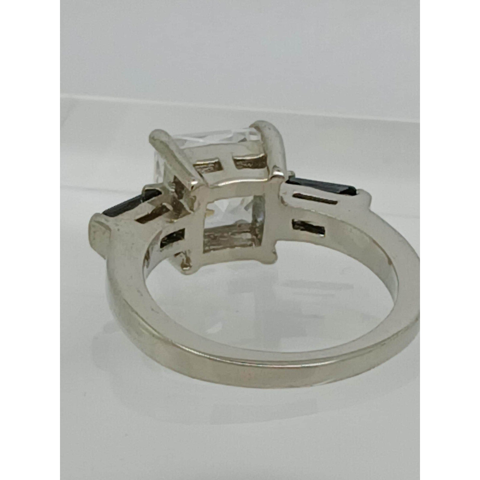 Vintage 3-Stone Gold GP Silver Tone Princess Cut Black CZ Engagement Ring Size 7