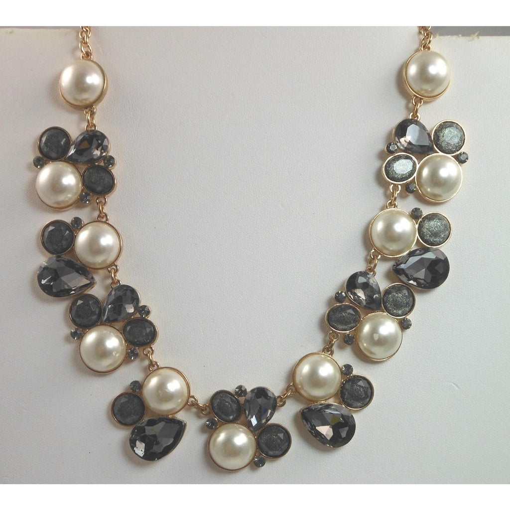 Elegant Vintage Faux Pearl Necklace with Gold and Grey Accents Statement Jewelry - HoneyThomas.com