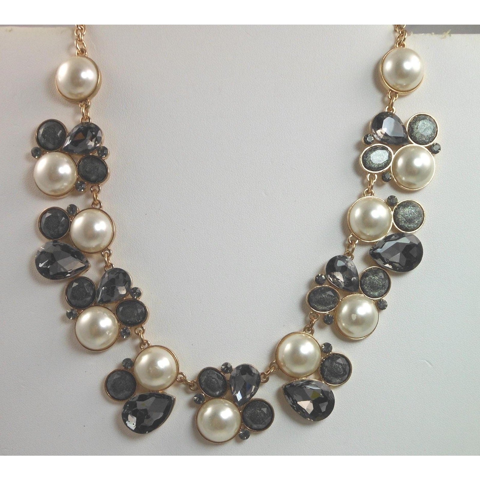 Elegant Vintage Faux Pearl Necklace with Gold and Grey Accents Statement Jewelry - HoneyThomas.com