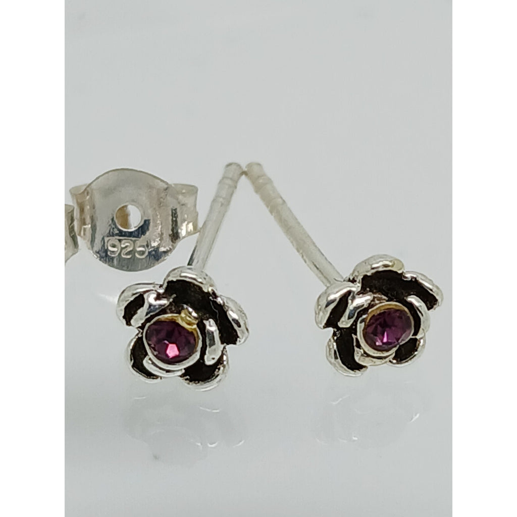 Vintage Estate Jewelry NOS .925 Sterling Silver Purple Rose Crystal Earrings - HoneyThomas.com