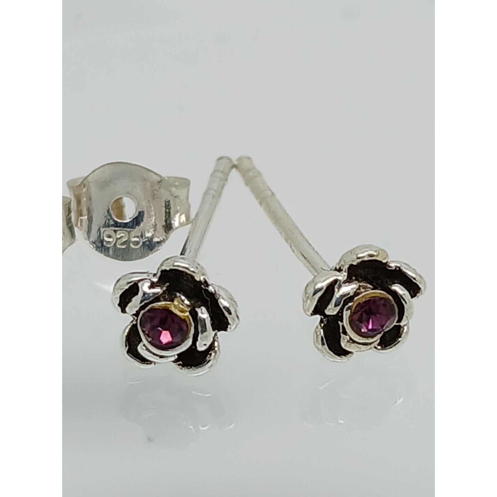 Vintage Estate Jewelry NOS .925 Sterling Silver Purple Rose Crystal Earrings - HoneyThomas.com