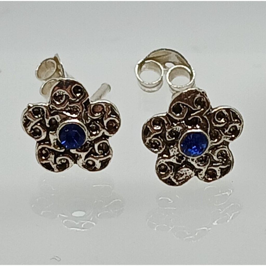 Vintage Estate Jewelry NOS .925 Sterling Silver Blue Crystal Flower Earrings - HoneyThomas.com