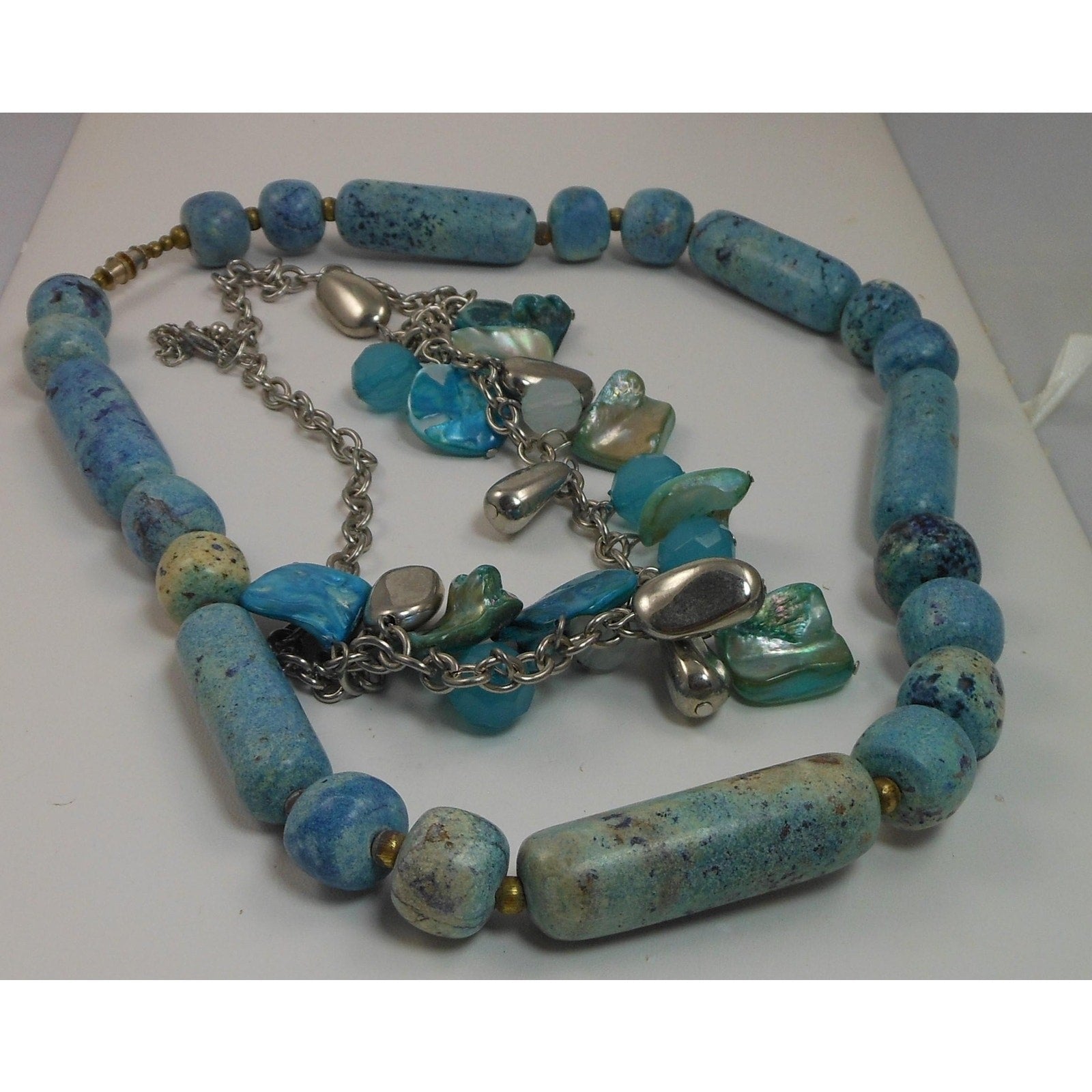 Stunning Vintage Turquoise Color Bead Necklace Set with Silver Blue Accents - HoneyThomas.com