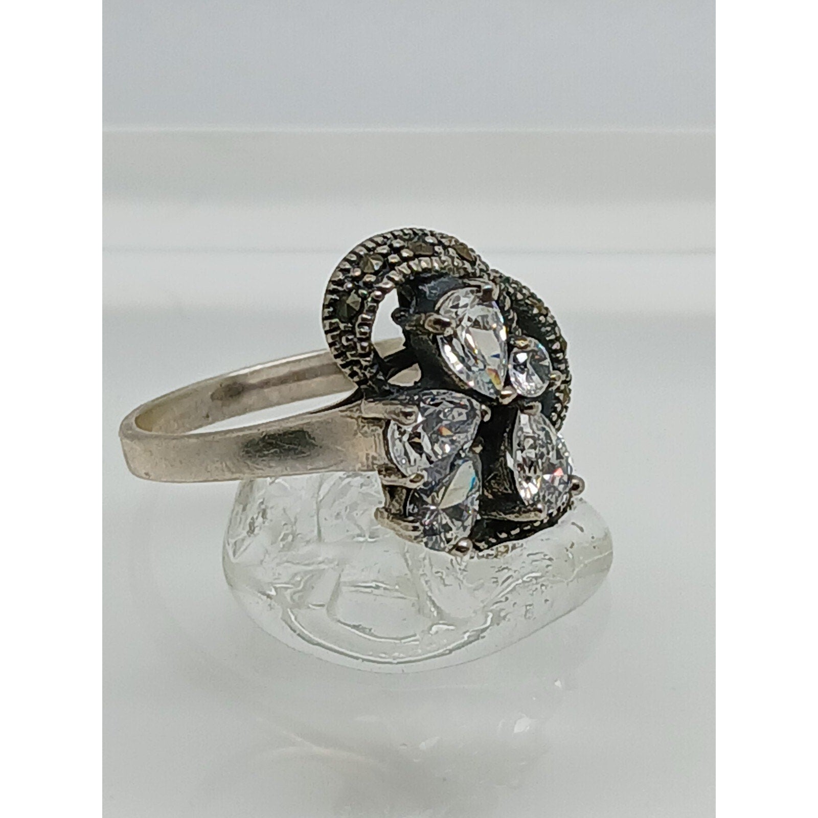 1990's Vintage Antique-Style Marcasite Sterling Silver Diamond CZ Size Ring 8.5 - HoneyThomas.com