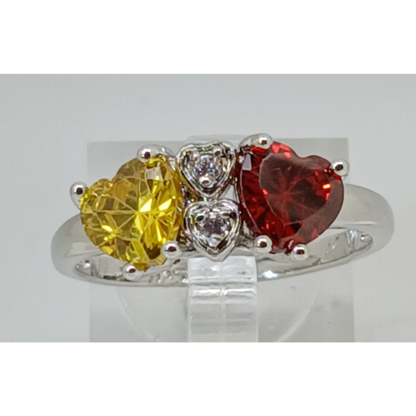 Vintage Ring Size 10.5 Silver Tone White Gold Plated Purple Yellow CZ Hearts