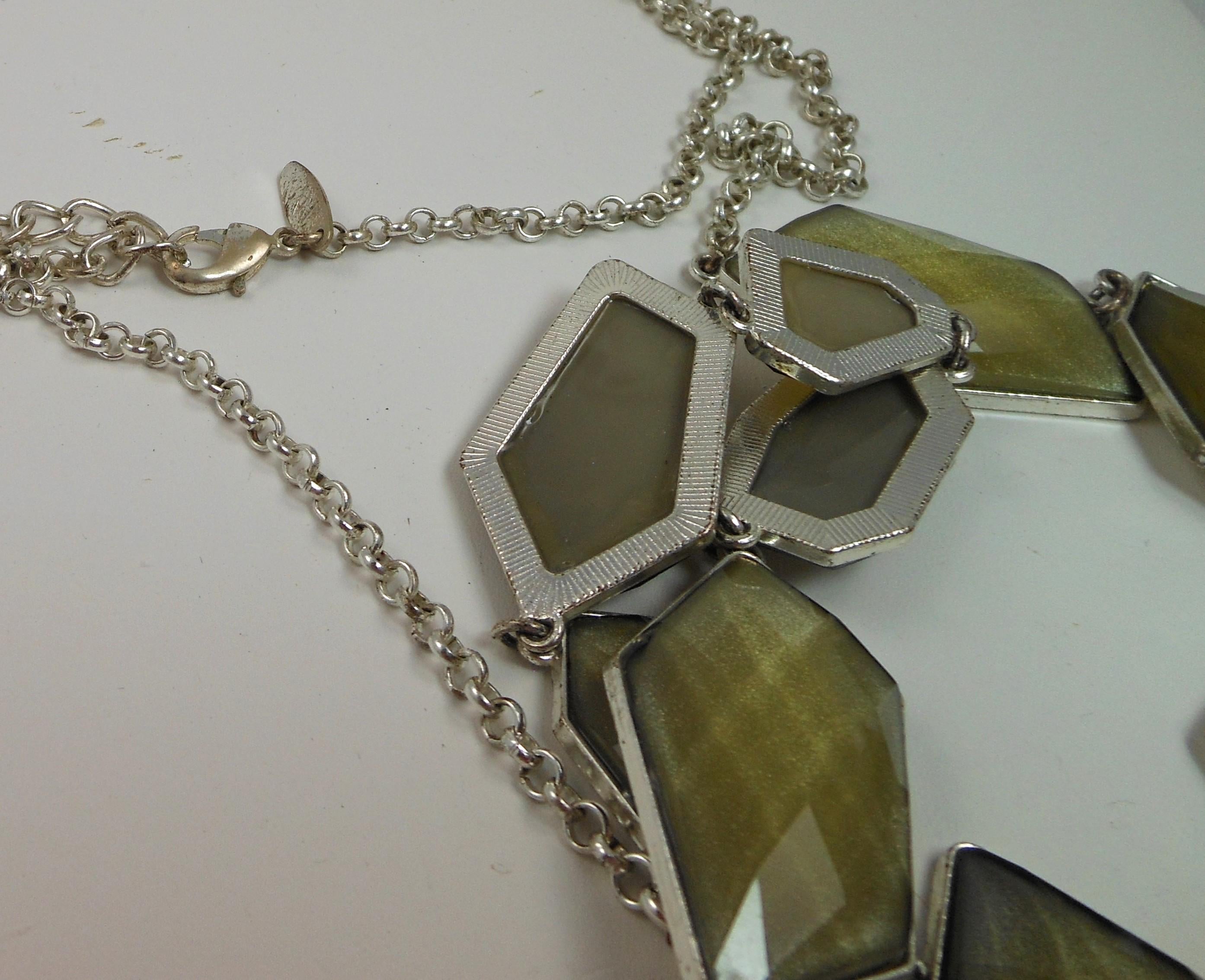 Green Geometric Link Pendant Necklace: Designer Signed NY, 36" Statement Jewelry