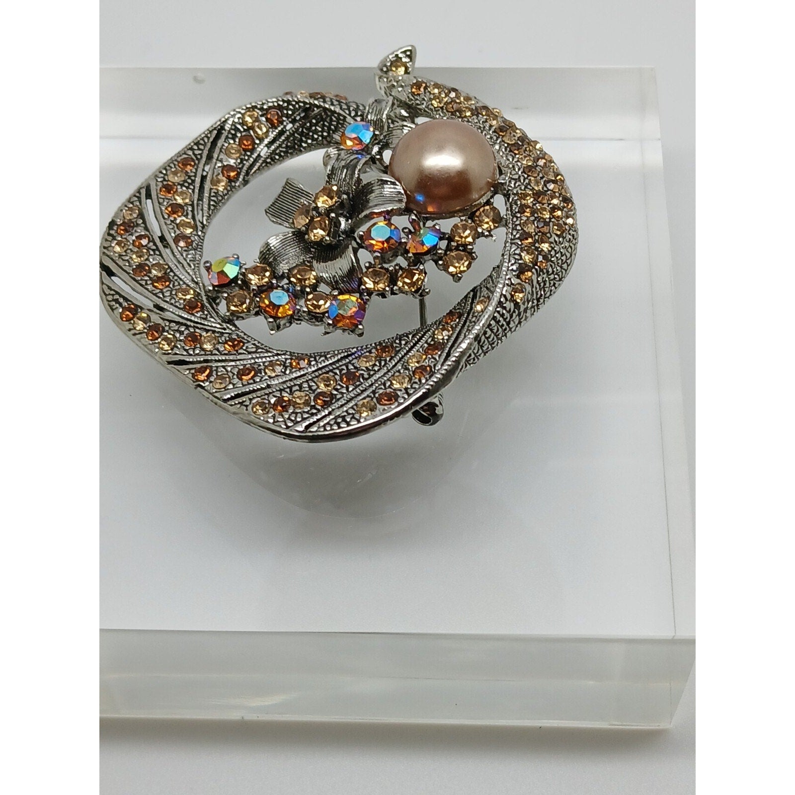 Gorgeous Vintage Estate NOS Faux Pearl Rhinestone Crystal AB Brooch - HoneyThomas.com