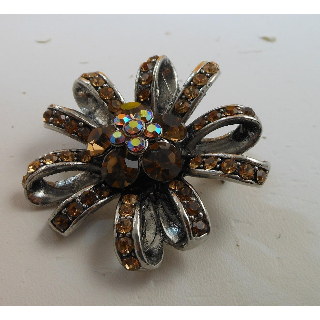 Vintage Amber Topaz AB Flower Ribbon Crystal Rhinestone Silver tone Pin Brooch
