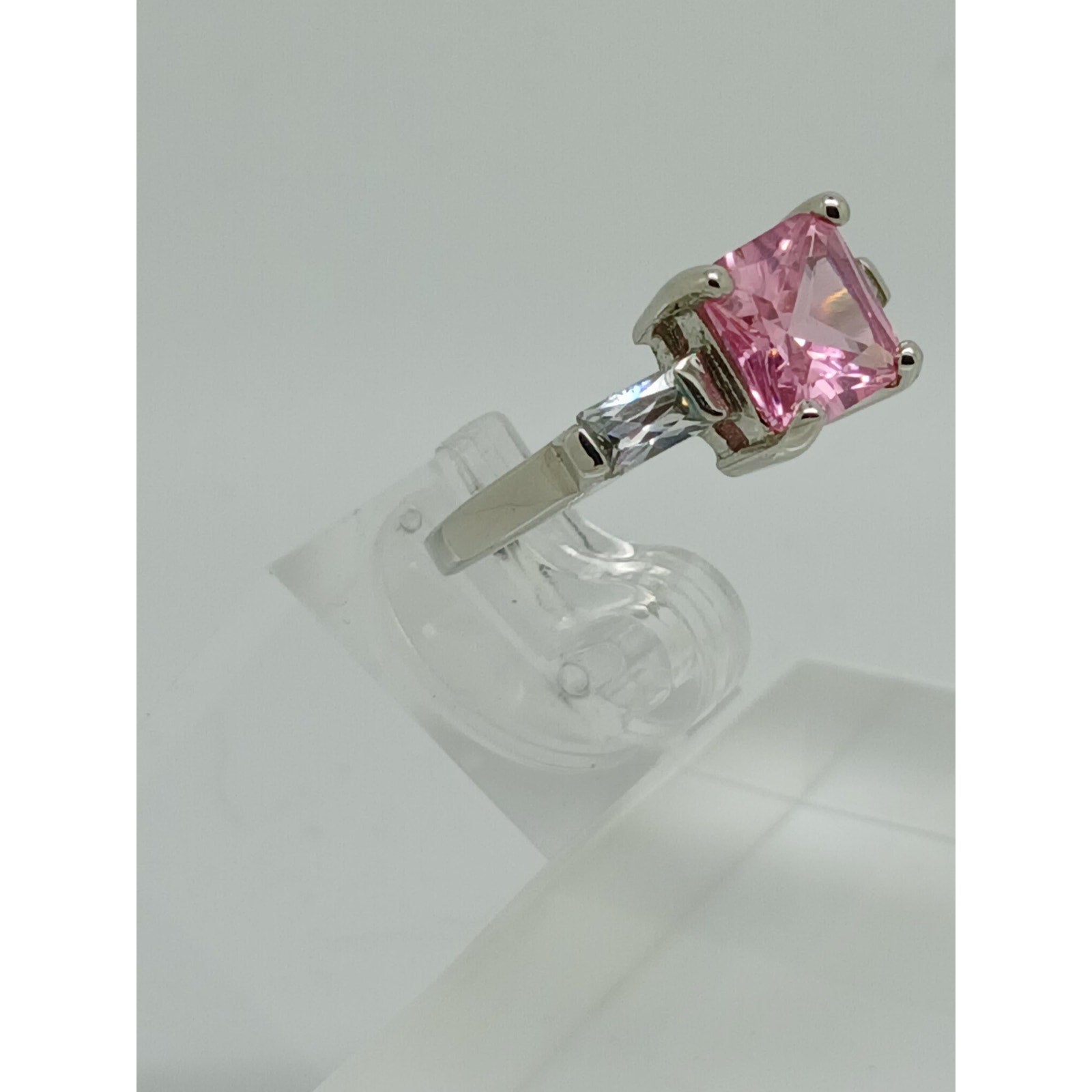 3.5CT Vintage White Gold Plated Pink Princess Cut CZ Engagement Ring Size 6 - Radiant Cut Side Stones, New-Old-Stock