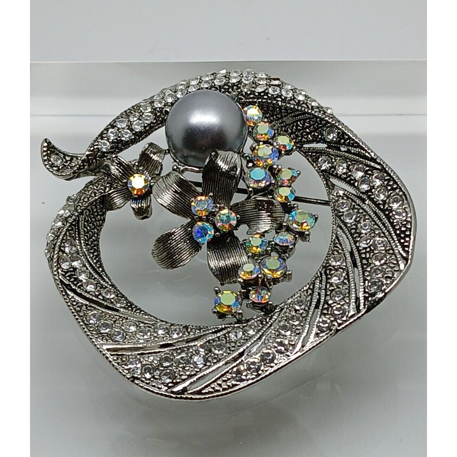 Gorgeous Vintage Estate Silver Grey Pearl Rhinestone Crystal AB Brooch