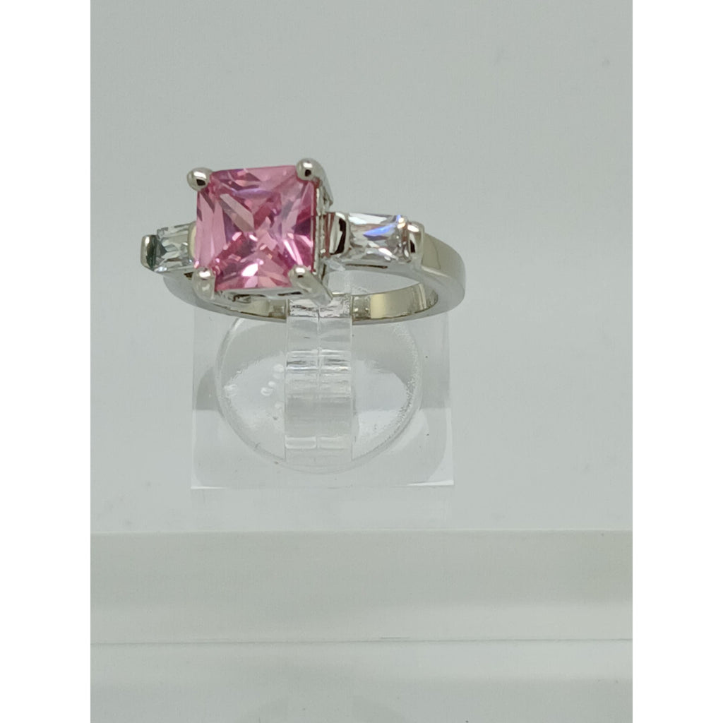 3.5CT Vintage White Gold Plated Pink Princess Cut CZ Engagement Ring Size 6 - Radiant Cut Side Stones, New-Old-Stock