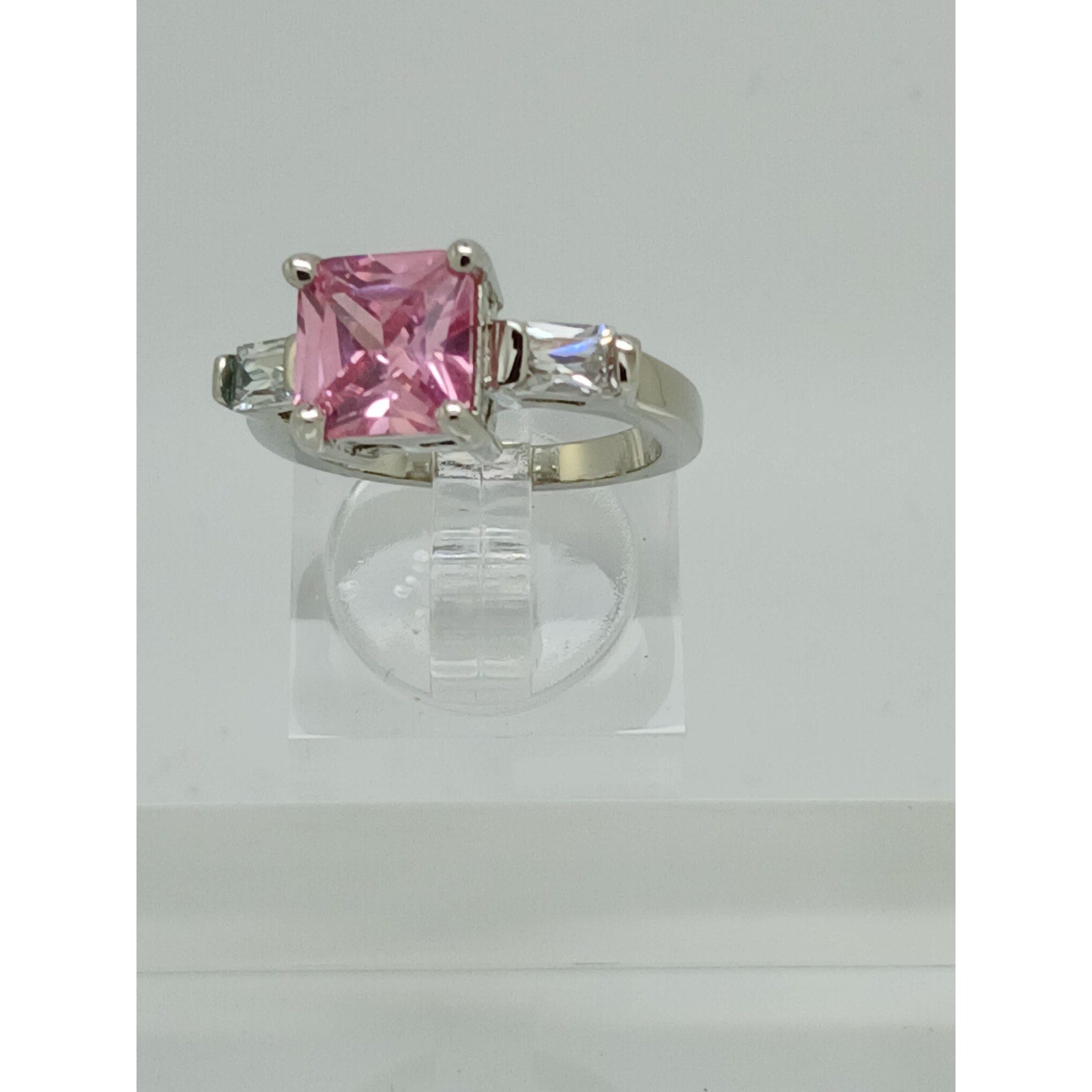 3.5CT Vintage White Gold Plated Pink Princess Cut CZ Engagement Ring Size 6 - Radiant Cut Side Stones, New-Old-Stock
