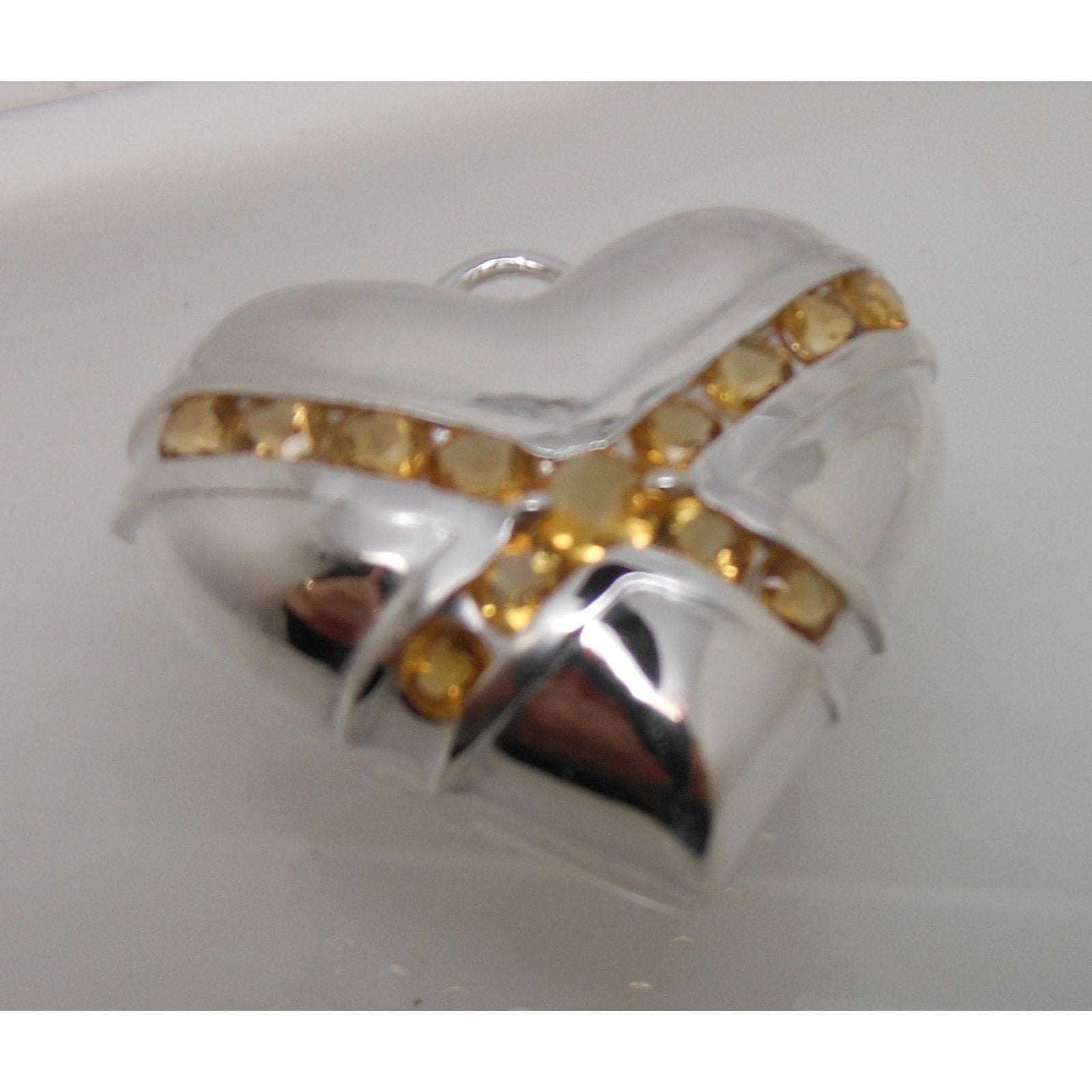 1990s Vintage Citrine Sterling Silver Gemstone Necklace Puff Heart Pendant Boxed - HoneyThomas.com