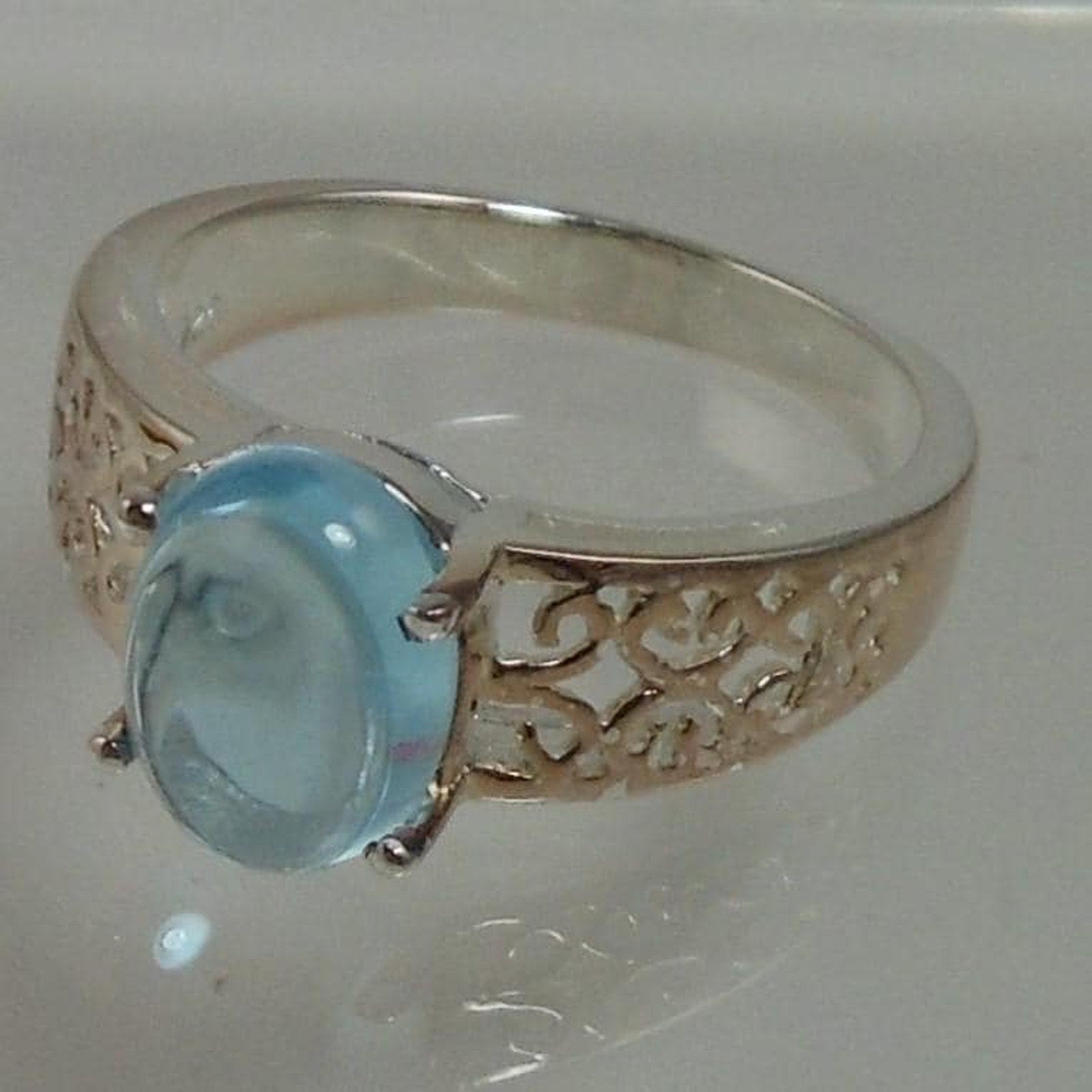 Elegant Sterling Silver Filigree Ring with Blue Topaz Gemstone - Vintage Size 7 - HoneyThomas.com