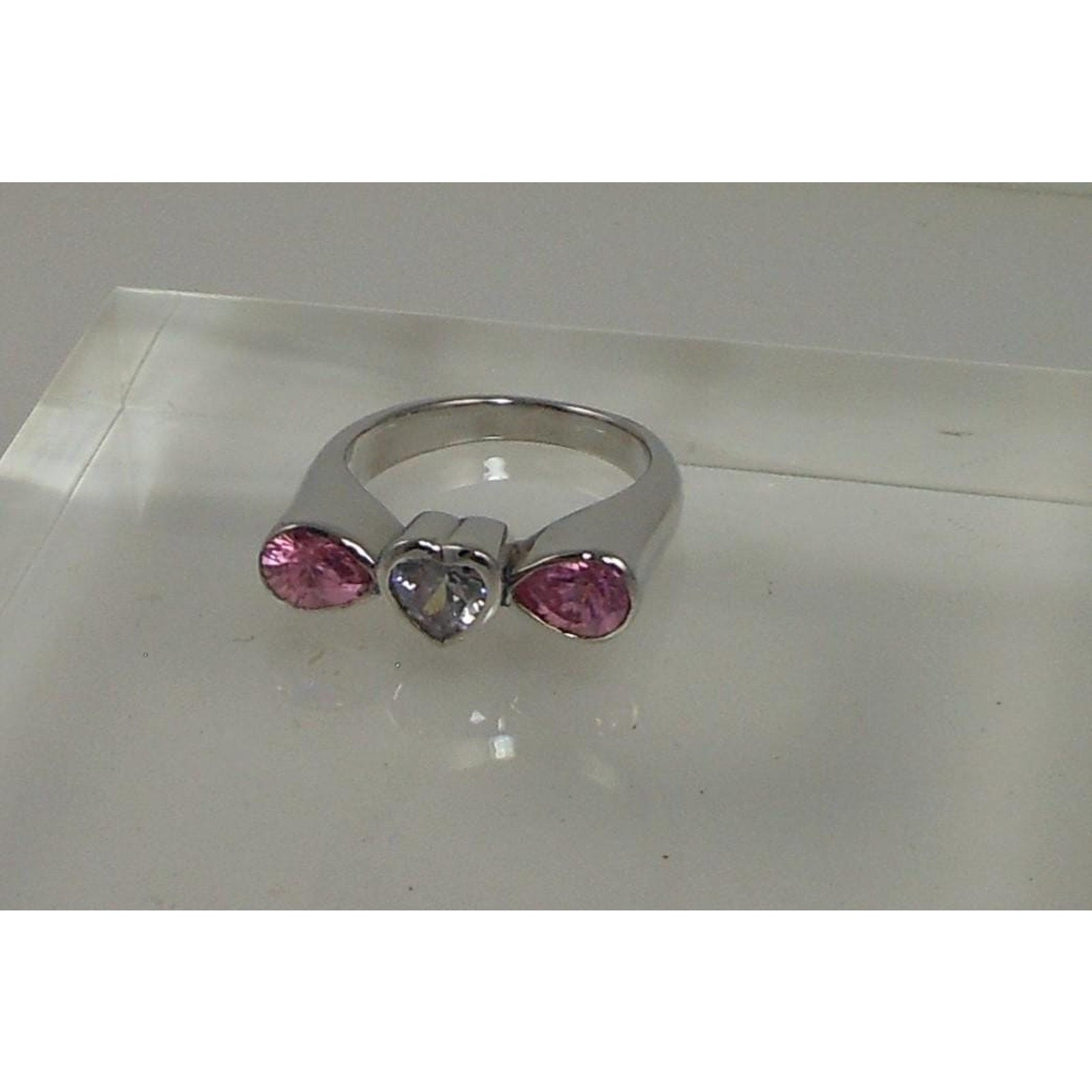Vintage 1990s Sterling Silver Heart Ring Size 8.75 Pink Ice Simulated Diamond - HoneyThomas.com